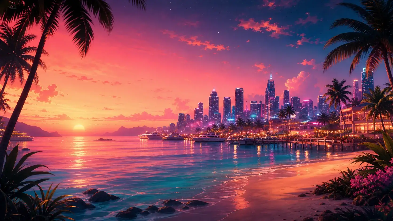 Palm-lined waterfront and a luminous Star Valley skyline at sunset